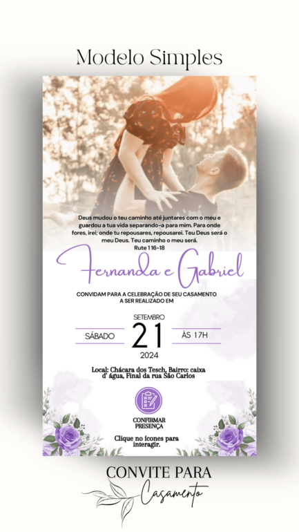 Convite de Casamento Interativo Lilás Com Foto - Image 2
